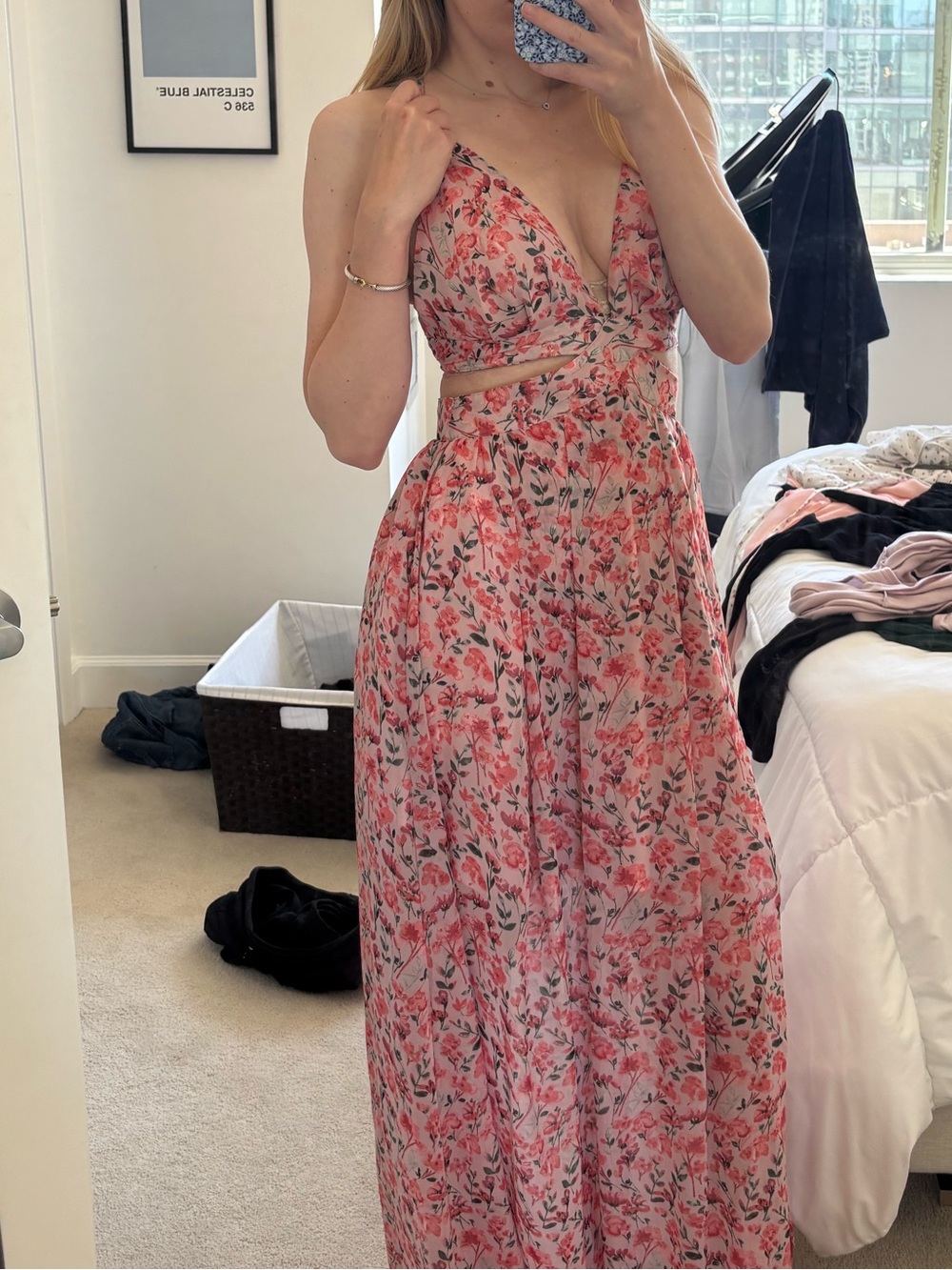 SHEIN Pink Floral Cutout V-Neck Maxi Dress